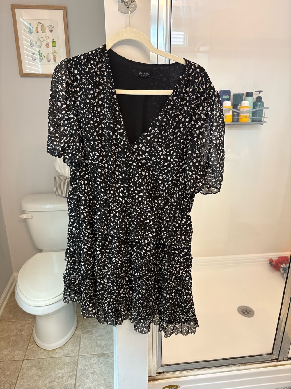 AllSaints Floral Miniβ Dress Women's US 10 Black White Flutter Sleeve V Neck